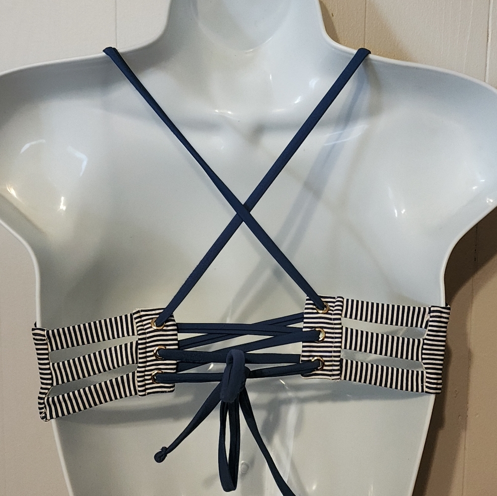 Xhiliration Striped Bikini Top Lace Up Back Blue White Medium‎ A529 - Picture 3 of 5